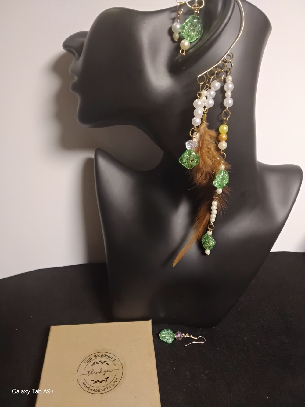Handmade Green Bead & Feather Drop Earrings